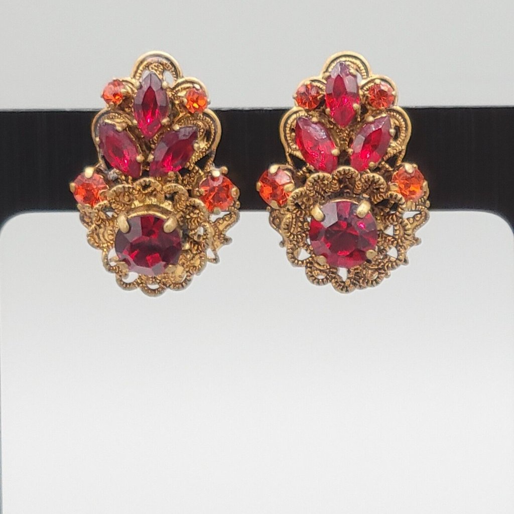 Western Germany Signed Womens Gold Tone Clip On Fashion Earrings Red Crystals